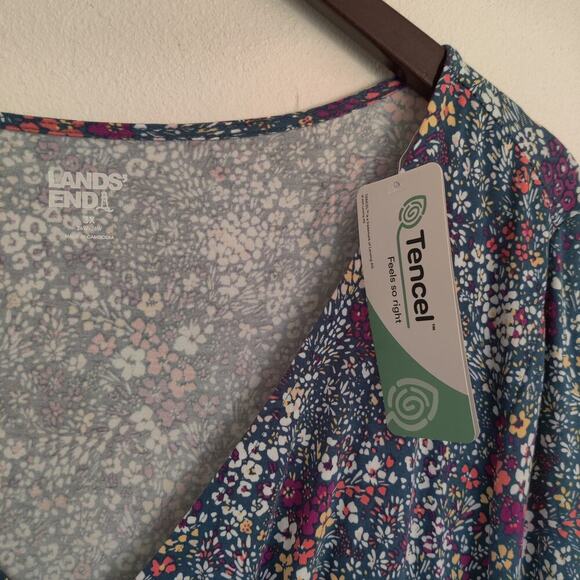 Lands End Floral Midi Dress 3X Tencel V-Neck Blue Multicolor Casual Ruched Soft - Picture 6 of 11